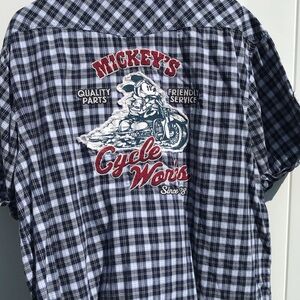 Disney Parks  Mickey's Cycle Works Chief Mechanic Plaid Snap Men XL
